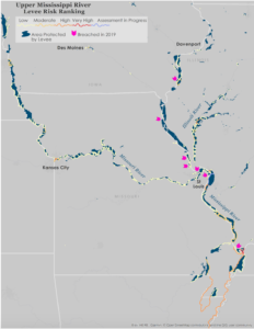 Map of the upper mississippi watershed highlighting levee risk