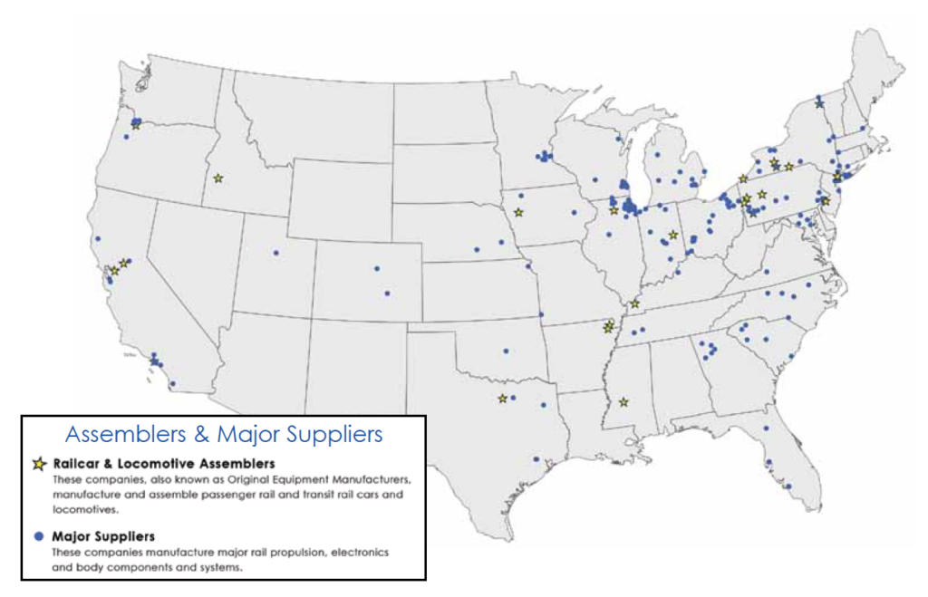 2013 map showing major U.S. rail manufacturing companies