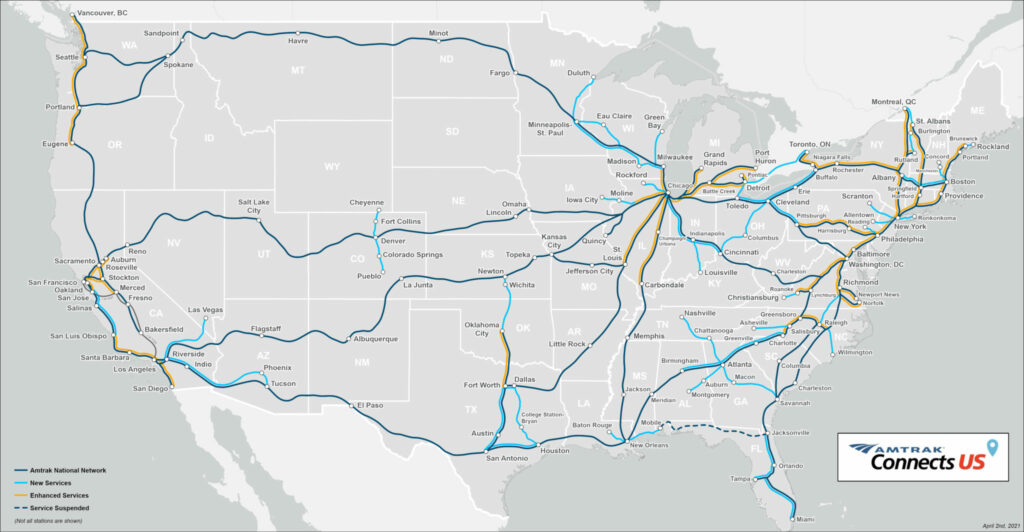 Amtrak Connects US plan of passenger rail routes being studied for expansion