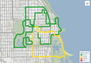 Green and yellow lines indicate walking paths around Hyde Park neighborhood Chicago