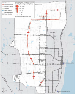 Waukegan Pace bus ridership map, 2015