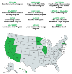 Map of the United States indicates low-income solar programs in Arizona, California, Washington, D.C., Hawaii, Illinois, Massachusetts, Minnesota, Nevada, and Oregon
