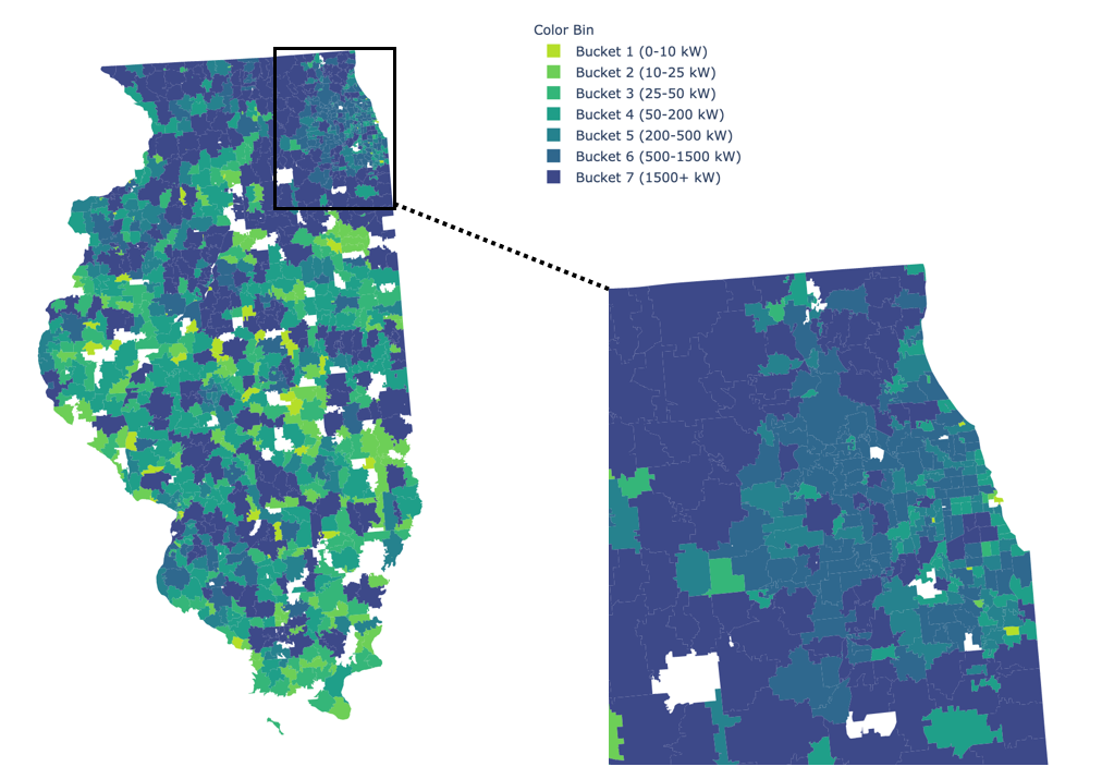 Two maps, one shows Illinois with a variety of green and blue zip codes scattered throughout. Zoomed-in map on the right shows greater detail in Chicagoland, which is also more varied than it appeared zoomed out.