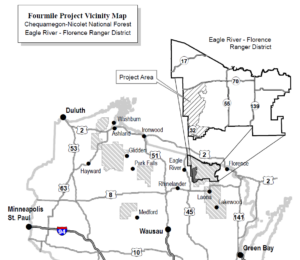 Map showing the Fourmile logging project within the Chequamegon Nicolet National Forest in northern Wisconsin