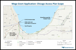 Eleven Midwestern train routes depicted around southern Lake Michigan will see improvements with Union Station Access project