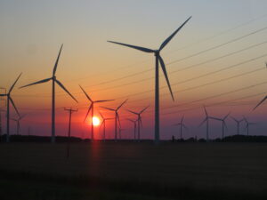 Windmills and transmission lines silhouetted against a sunset