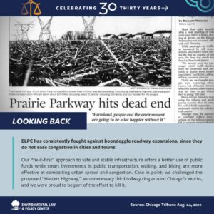 Chicago Tribune headline from 2012 announces the Prairie Parkway highway proposal has hit a dead end thanks to ELPC & ally advocacy to combat sprawl