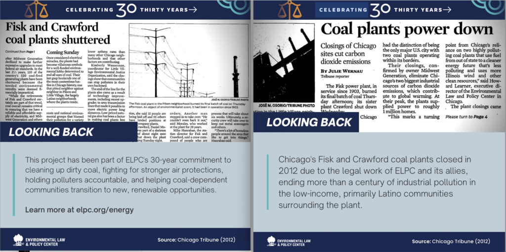 Two newspaper article headlines from the 2012 Chicago Tribune announce the Fisk & Crawford coal plants shuttered in Chicago, thanks to ELPC & community advocacy