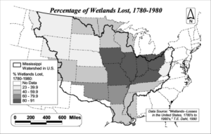 Map showing percentage of wetland loss in the united states from 1780-1980 is particularly acute in the Midwestern states of Ohio, Indiana, Illinois, Missouri, and Iowa.