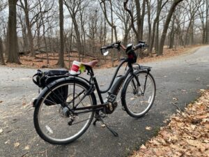 An electric bicycle on a trail in the woods