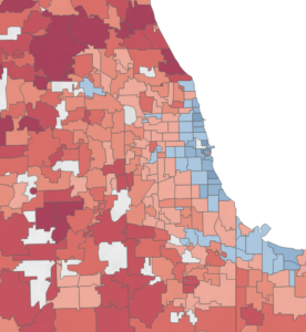 Map of the Chicagoland area shows blue in the dense urban neighborhoods along the lake, and red in the suburbs and exurbs, indicating a higher carbon impact per person in communities where transportation is more dependent on driving.