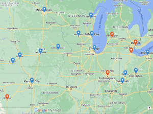 Screenshot of a google map shows red and blue pins on Midwest cities, indicating there are 5 bikeshare programs without ebikes, and another 14 cities with ebikes