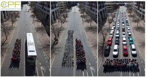 Three photos show that transporting people by bus and bike is a much more efficient use of road space than by car
