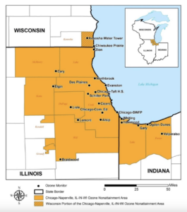 Map of the Chicagoland area indicates counties, and portions of counties, that don't meet ozone standards, including Lake and Porter counties in Indiana 