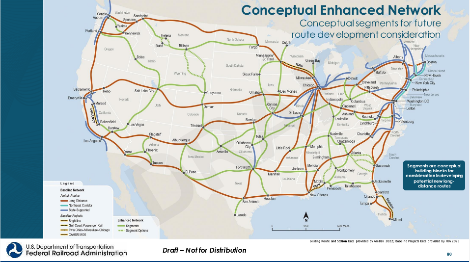 Conceptual Enhanced Network of Amtrak Long-Distance passenger rail, including segments to consider for future rail development