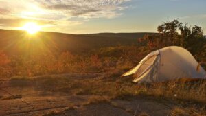 Trap Hills Tent overlooking sunset