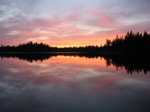 Sunset reflects over the boundary waters, before a dark horizon of trees