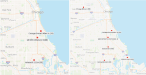 Two maps of Chicago. Left one shows three dots at Cottage Grove & 35th, 63rd & State, and Halsted & 111th. Right map shows those three dots in addition to three more, also on the south & west sides