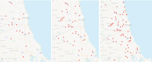 Three maps of Chicago show increasingly more red dots, especially on the city's south and west sides. Left map shows a few dots with a tighter threshold at 10 ug/m3, middle map shows more dots at 9, right map shows 66 dots at 8ug/m3.