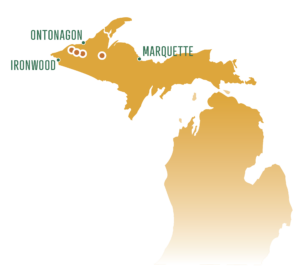 Map of Michigan shows four dots in the Upper Peninsula between Ironwood and Marquette, where new wilderness areas are proposed