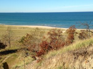 Looking out over Lake Michigan from Indiana Dunes National Park, Chicago skyline in the distance