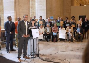 ELPC and coalition partners gather at Union Station in Chicago as state representatives announce the Metropolitan Mobility Authority Act