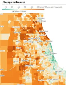 Map of Chicagoland shows dark green in much of the city and green in the suburban communities near train stations, indicating lower carbon impact per person in those communities.