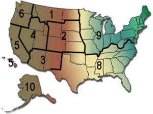 U.S. map shows the states covered by each U.S. Forest Service regional office. Region 9 covers the Midwest, new england, and a few other northeastern states. Region 8 covers the South, from Virginia to Texas. Regions 1, 2, 3, 4, 5, and 6 cover the Great Plains, rockies, and western states. Region 10 covers Alaska.