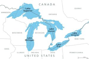 Map of Great Lakes shows Lakes Superior, Michigan, Huron, Erie, and Ontario bordered by US states Minnesota, Wisconsin, Illinois, Indiana, Michigan, Ohio, Pennsylvania, and New York, plus the Canadian province of Ontario to the north.