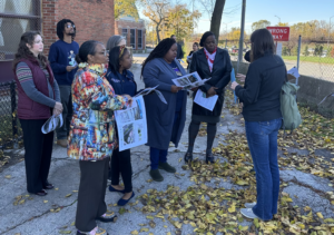 Illinois State Senator Collins and Representative Morris staff discuss air pollution and vegetative buffers with ELPC and partners at Jensen elementary