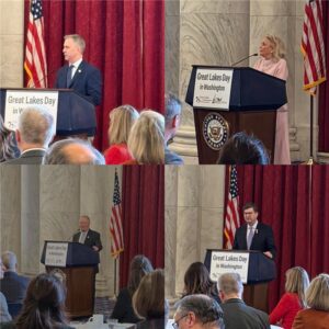 US representatives Casten, Dingell, Joyce, and Schneider speak to an audience of lawmakers and advocates at Great Lakes Days 2025