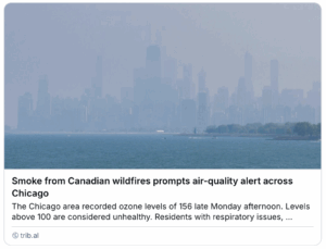 News headline says "Smoke from Canadian wildfires prompts air-quality alert across Chicago," with a hazy view of the Chicago skyline