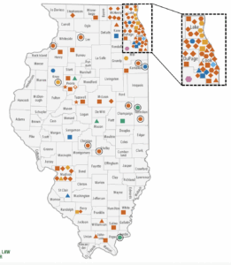 Map of Illinois shows a variety of colorful shapes that indicate hundreds electric school buses awarded to school districts across the state