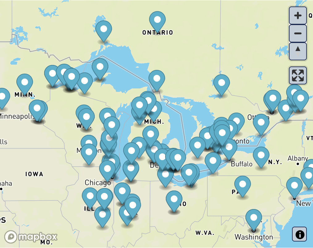 Map of the Great Lakes region shows clusters of blue pins all around the area, indicating scholars, researchers, and other Great Lakes experts