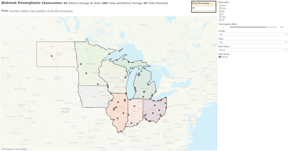 Map of Midwestern states shows brown dots to indicate retired coal plants with the most dots in Ohio, Michigan, and Illinois.