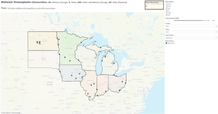 Another map of the Midwest shows blue dots where coal plants are operating, largely in Minnesota, with additional dots in North Dakota, Iowa, Illinois, Michigan, and Ohio