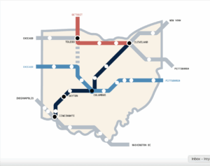 Map shows proposed corridor ID train routes connecting Columbus to Fort Wayne and Pittsburgh west to east, Cleveland connecting to Columbus, Dayton, and Cincinnati north to south, and Detroit connecting to Toledo and Cleveland in the north.