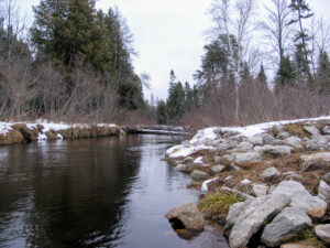 Winter view of the Au Sable river shows pine trees on the left and leafless trees on the right bank, surrounded by rocks and snow.
