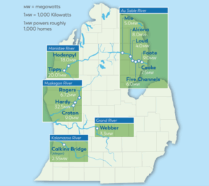 Map of the lower peninsula of Michigan has dots on it to indicate the thirteen dams on five rivers. One dam on the Kalamazoo river at Colkins Bridge in the southwest part of the state, one on the Grand River at Webber in the middl eof the state. Three on the Muskegon river in the western part of the state at Rogers, Hardy, and Croton. Two are in the northwest part of the state on the Manistee river at Hodenpyl and Tippy. Six are in the northeast part of the state along the Au Sable River.