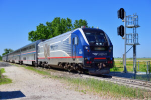 Amtrak Saluki train moves down the track in Illinois