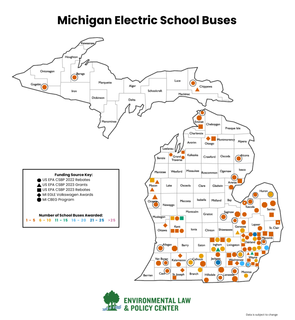 Map of Michigan showing dots all over the place where electric school buses have been funded