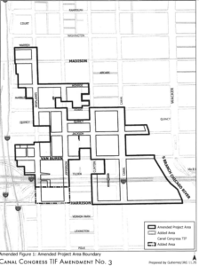 Map of chicago's amended canal/congress tax increment financing district, which is a squigly shape west of the river, east of the 90/94 highway, and north of Harrison street.